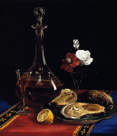 Adalbert John Volck still life by Adalbert John Volck, showing decanter of wine, oysters, small vase of flowers, slice of lemon oil painting image